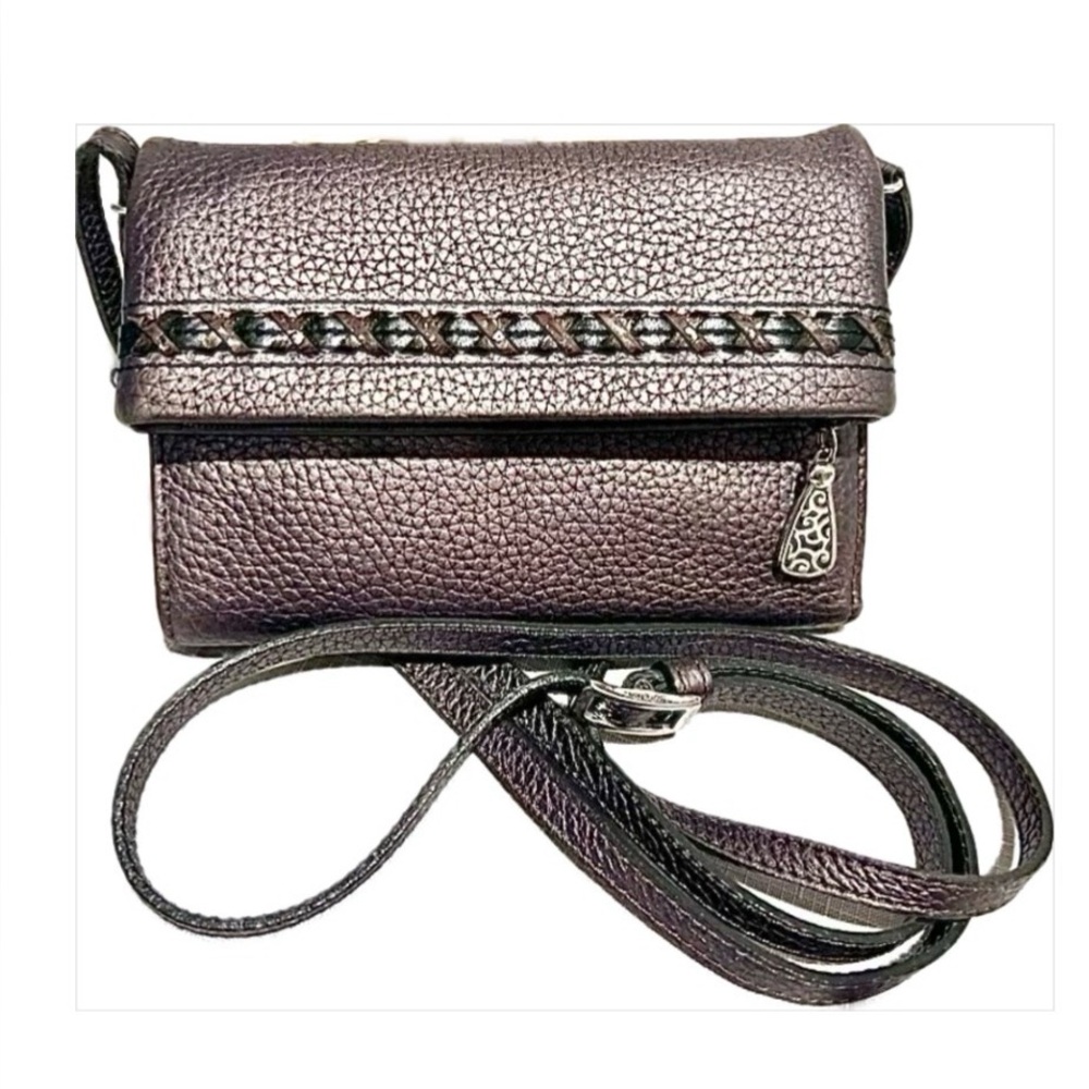 BRIGHTON Shimmering Bronze Vintage Crossbody Wallet Whip Stitch No Call Outs
